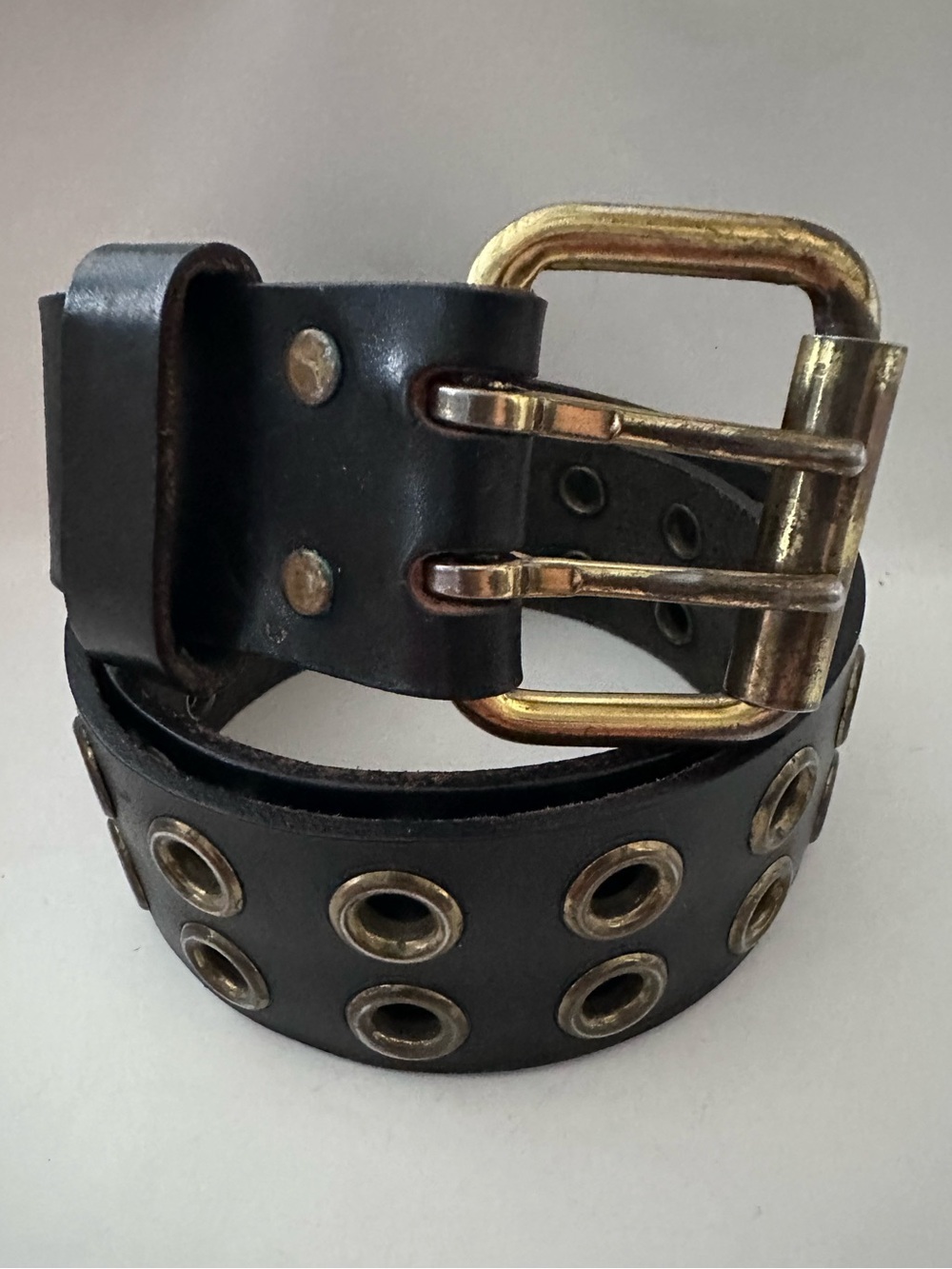 VINTAGE THICK BLACK LEATHER BELT GROMMETS DOUBLE PRONG BRASS BUCKLE 35"